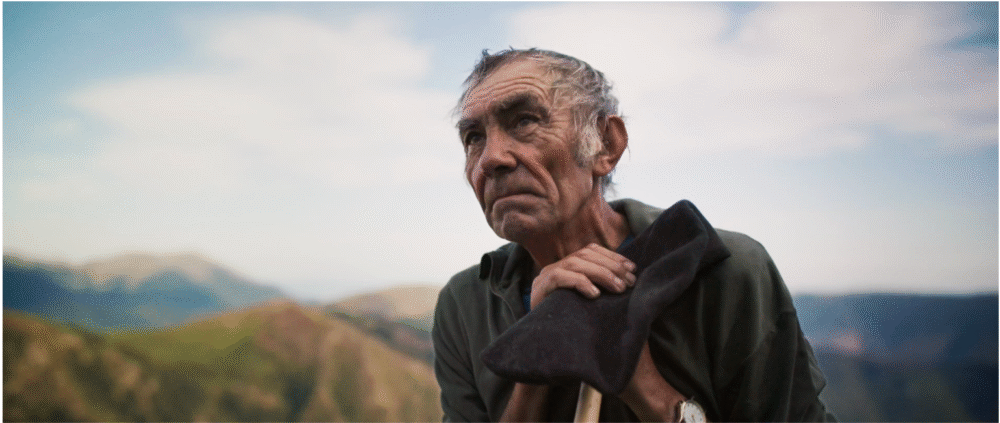 Weathered shepherd with axe in mountain landscape.
