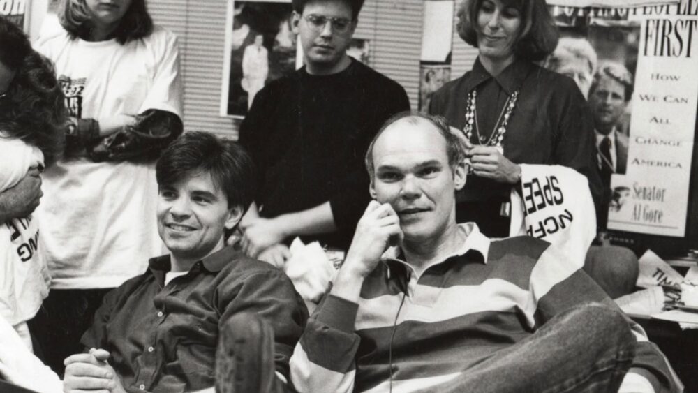 The War Room features James Carville and George Stephanopoulos during the 1992 Clinton campaign.