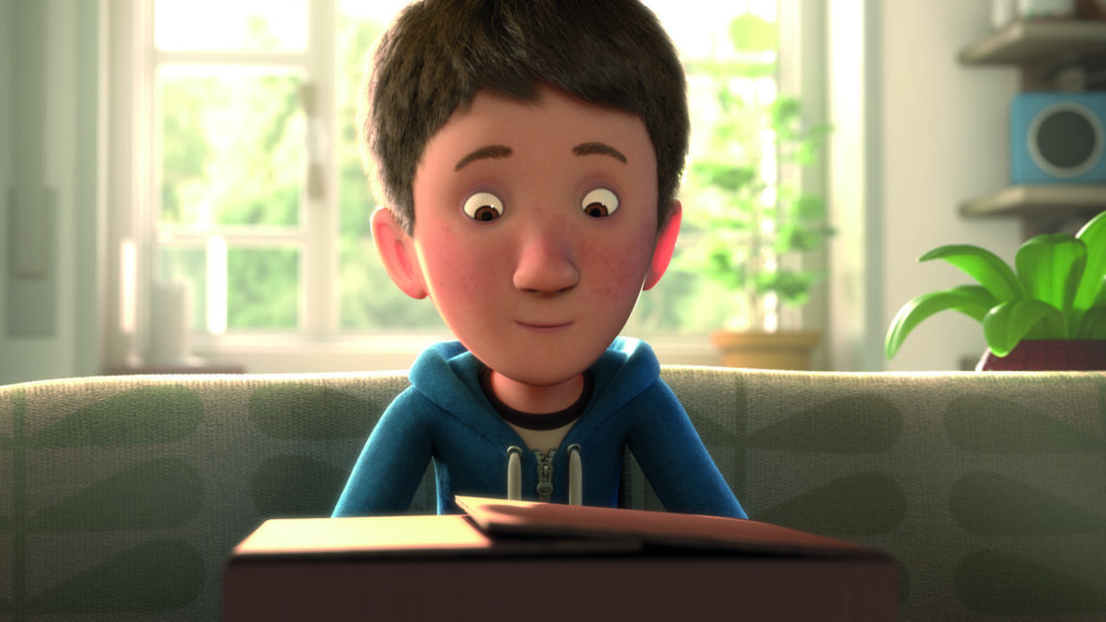 Animated boy in a blue hoodie looking at a brown box.