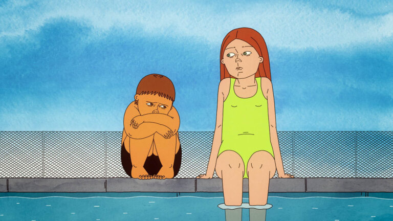 Animated scene of a boy and girl at a pool, possibly from "A Crab in the Pool