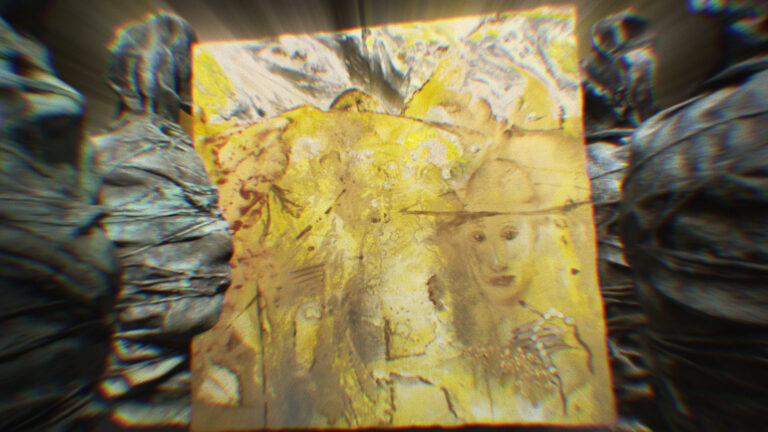 Abstract painting with a figure, flanked by shrouded figures. Art reflecting the theme "I Could Have Been a Tree Instead.