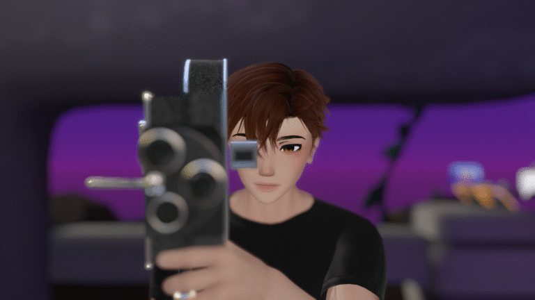 Anime style character filming with a vintage movie camera.
