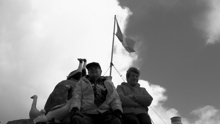 Older couple with goose statues and a flag against a cloudy sky.