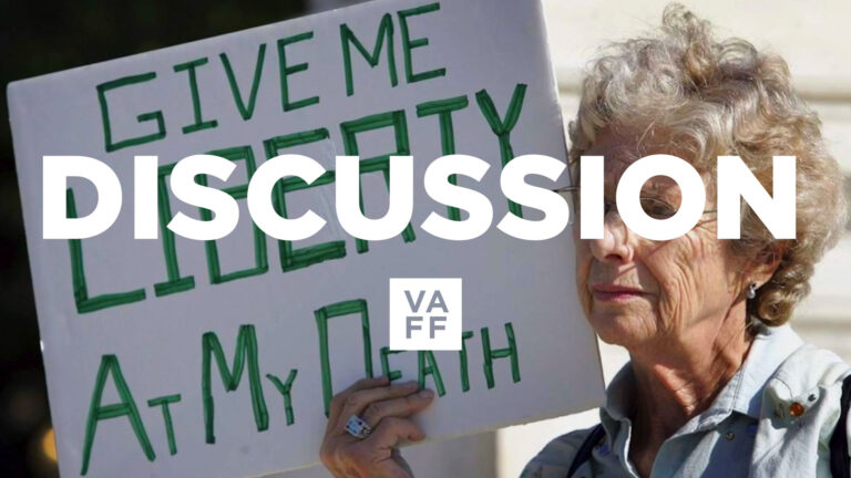 Elderly woman holding "Give Me Liberty At My Death" sign. Discussion on end-of-life choices.