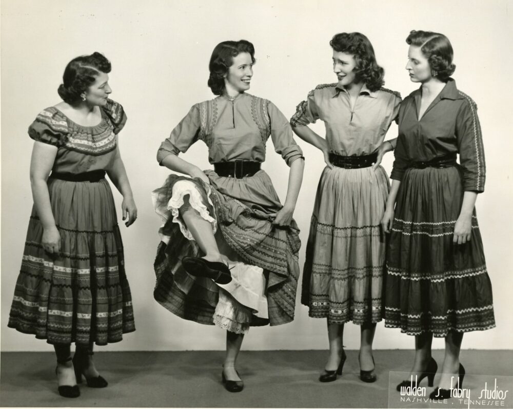 Four women in vintage square dance dresses, Walden S. Fabry Studios, Nashville.