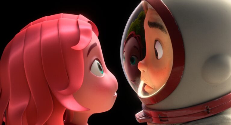 Animated image from "Blush" showing an astronaut facing a pink-haired woman, reflected in his helmet.