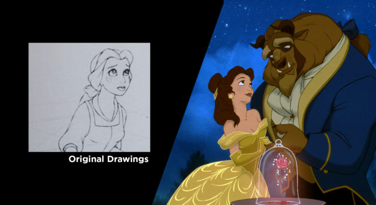 Beauty and the Beast comparison: original drawings vs. final scene.
