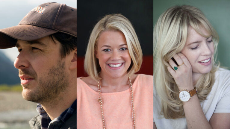 Panelists for a film industry career discussion: man in cap, woman smiling, and woman with watch.