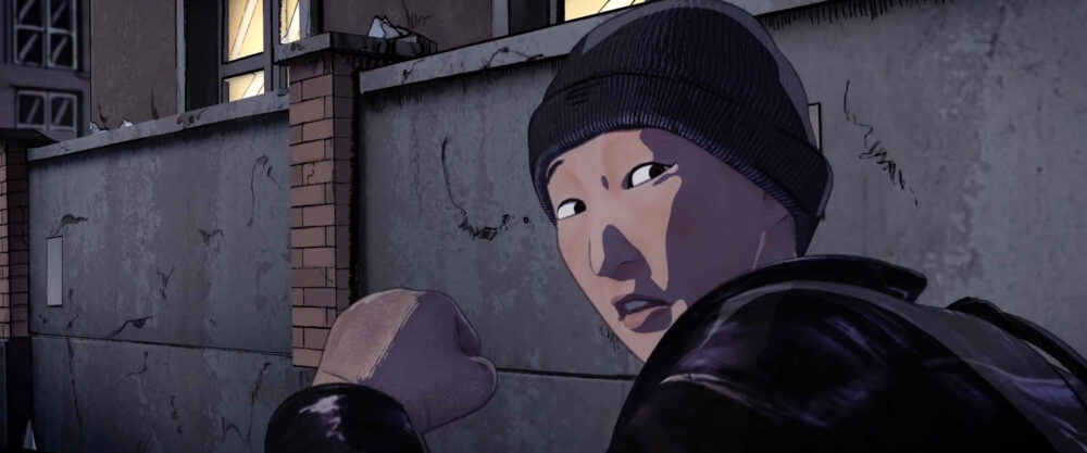 Person in beanie looking over shoulder in Eternal Spring animated style.