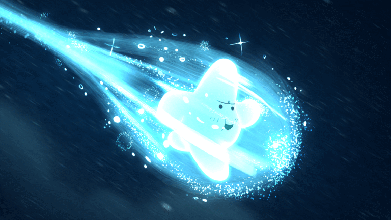Cartoon star character with a worried expression flies through space as a shooting star.