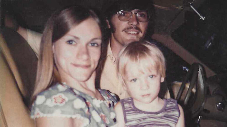 Vintage family photo of a mother, father, and child, likely related to "Mama's Boy With Dustin Lance Black.