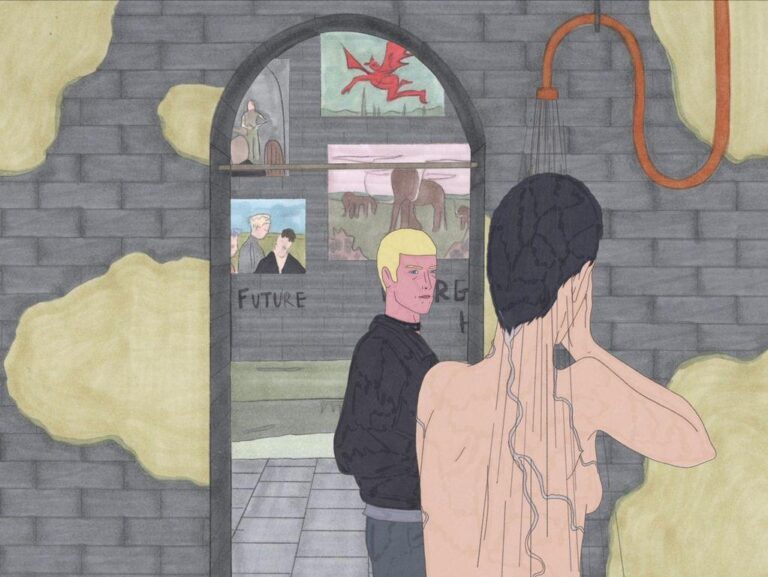 Surreal art: Person showering, another watches from a doorway with "FUTURE" visible.