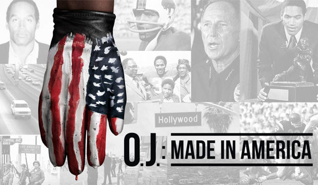 O.J.: Made in America" documentary poster featuring a glove with the American flag design and images related to O.J. Simpson.