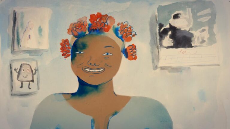 Watercolor painting of a smiling woman with red floral headpiece, quirky art on wall.