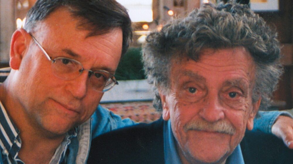 Kurt Vonnegut with a friend. "God Bless You, Mr. Vonnegut" author portrait.