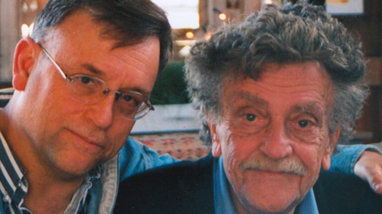 Kurt Vonnegut with a friend. "God Bless You, Mr. Vonnegut" author portrait.