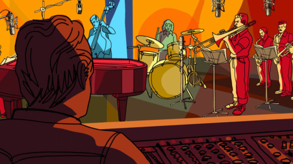 Illustration of a Jazz band in recording studio.