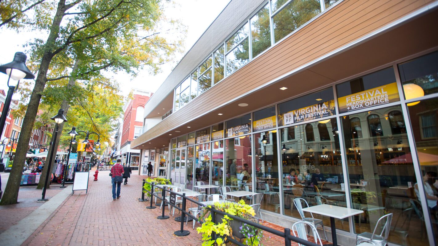 Downtown Charlottesville street with Virginia Film Festival headquarters.