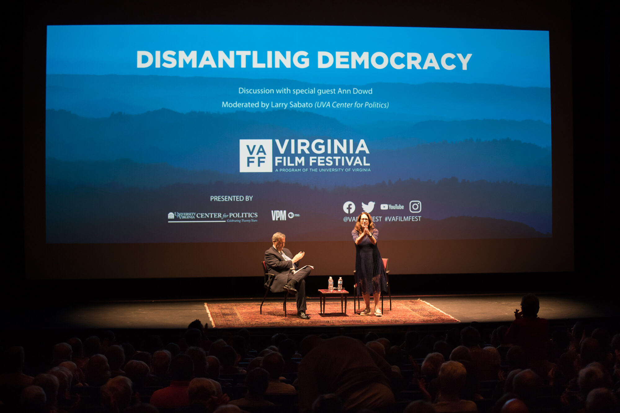 Ann Dowd speaks at the Virginia Film Festival, "Dismantling Democracy" discussion.