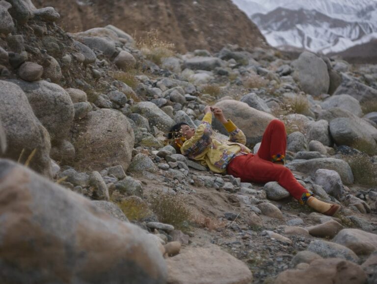 Person in red pants lies among rocks with flowers, mountains in background.