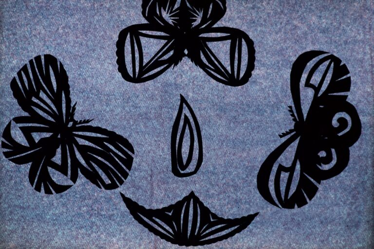 Scene from Conference Of The Moths. Illustrated black months against a blue-grey background.