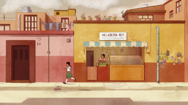 Girl running past "Heladería Rey" in a sunny Mexican town. Street scene from "Como Si La Tierra Se Las Hubiera Tragoda.