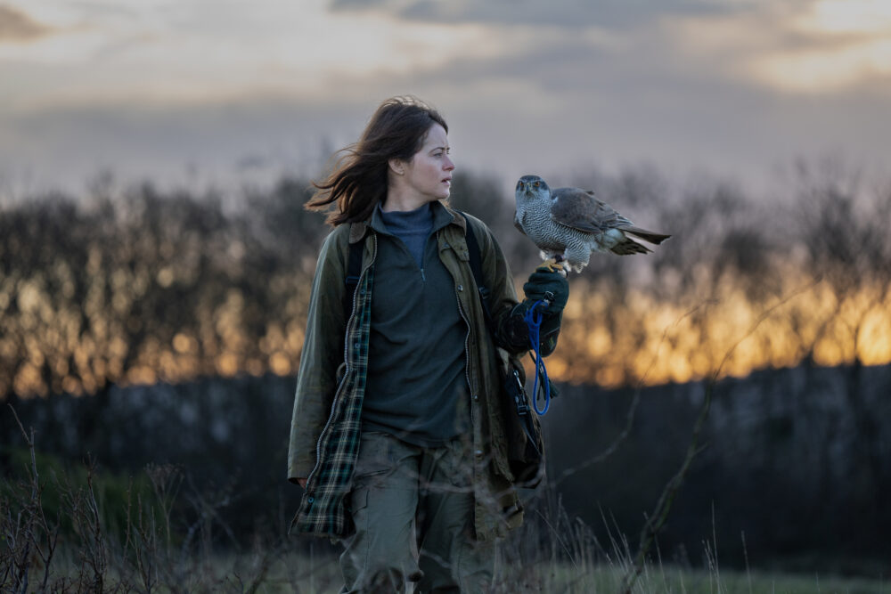 Scene from H is for Hawk. Woman with a hawk on her gloved hand.