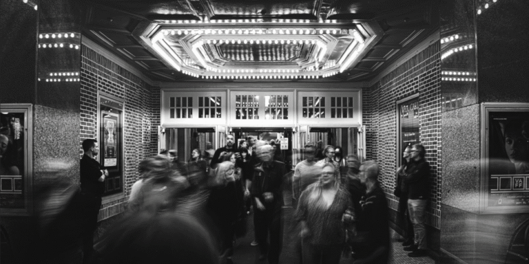 Entrance to The Paramount Theater crowded with people leaving.