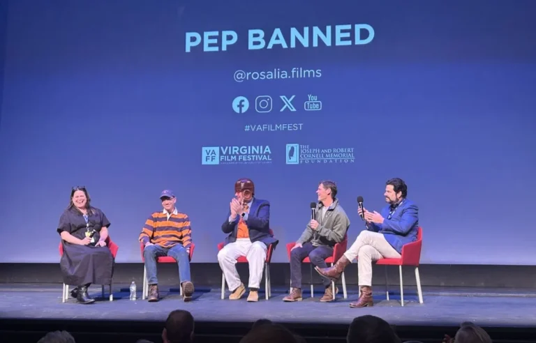 PEP BANNED discussion at the Virginia Film Festival. Five panelists onstage in discussion.