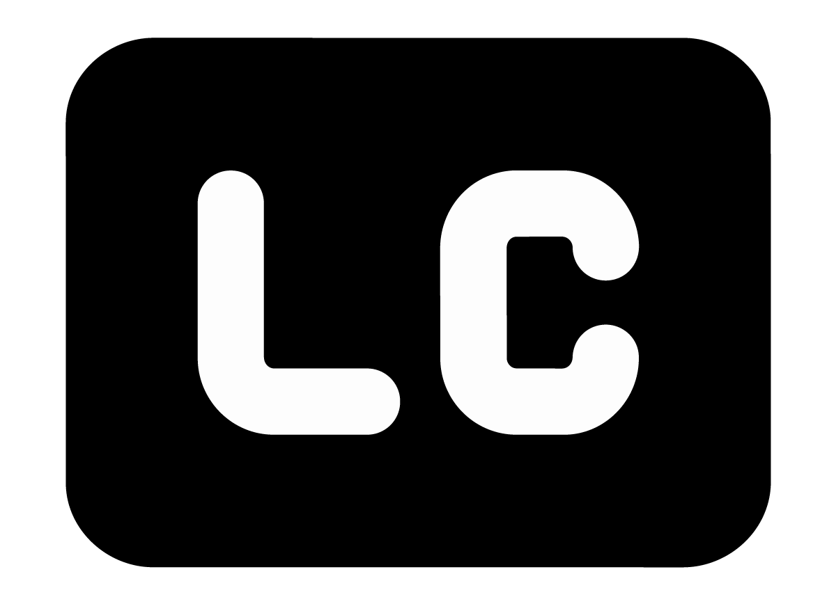Black square with rounded corners and white letters "LC